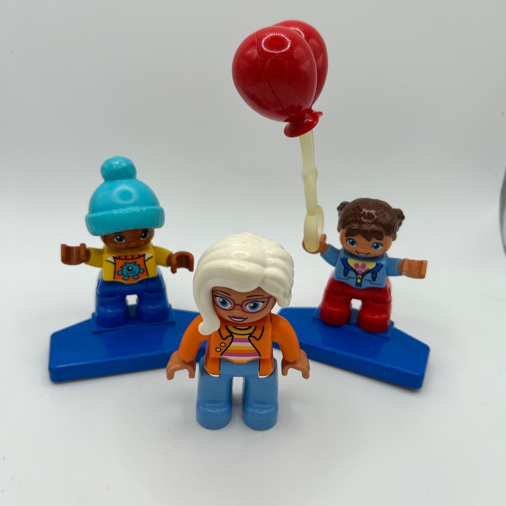 LEGO Duplo Figures Lot 3 Characters Boy Girl Woman with Red Balloon and Stands